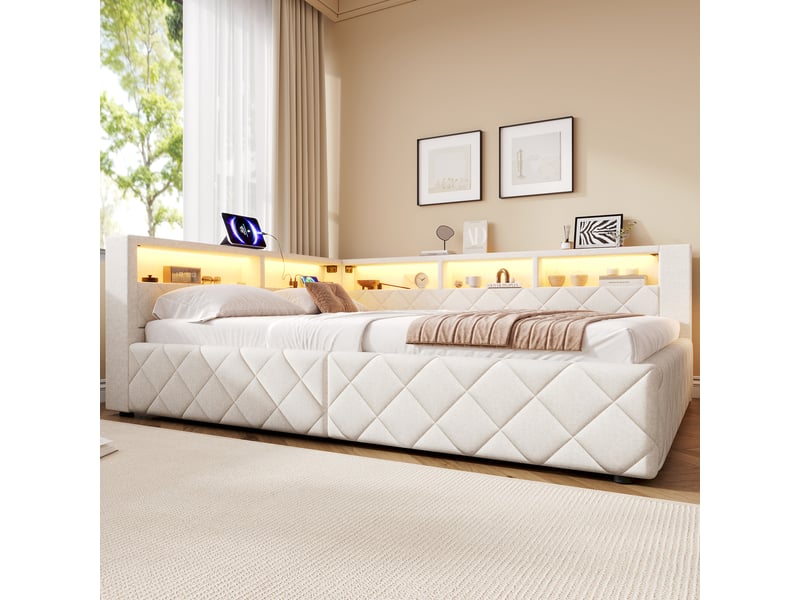  Canapé-lit coffre 140 x 200 cm - avec bande lumineuse led - avec port usb - beige (matelas non inclus)  - Conforama E