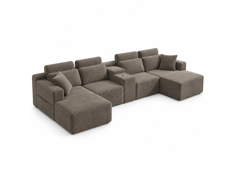 Canapé d’angle en u 6 places 372 x 151 x 80 cm, grand format modulable à assise moelleuse et porte-gobelets, mousse et velours côtelé, kaki OMNIGLINT TRADING LTD - Conforama A