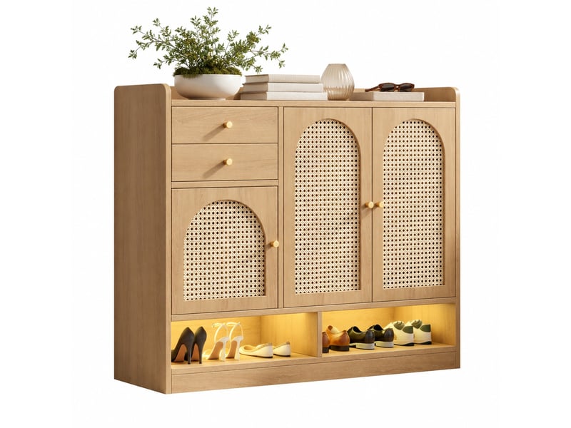 Meuble à chaussures 3 portes et 2 tiroirs avec éclairage led, 120x35x100 cm, naturel  - Conforama A