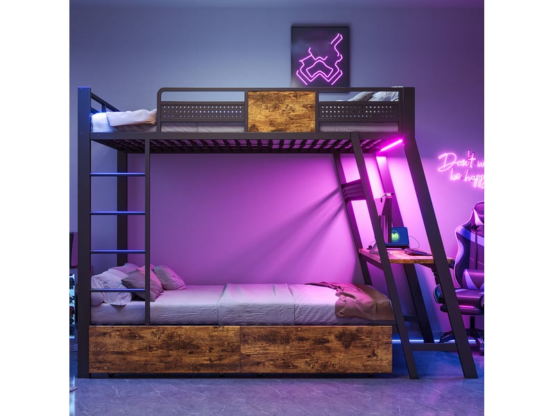  Lit superposé, 90 x 200 cm, mobilier enfant, avec bureau intégré, led, matelas non inclus, mdf et métal, coloris noir  - Conforama D