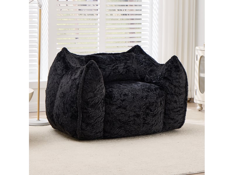  Fauteuil pouf géant avec coussin et dossier enveloppant en fausse fourrure noire, 123 × 97 × 73 cm  - Conforama D