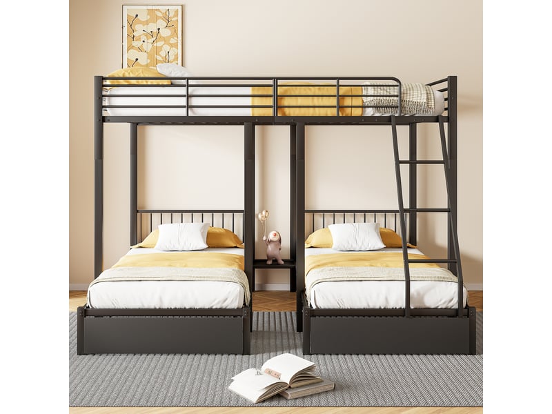 Lit superposé 140x200 cm et 2x90x200 cm, avec 2 tiroirs, en métal, noir, sans matelas - Conforama B