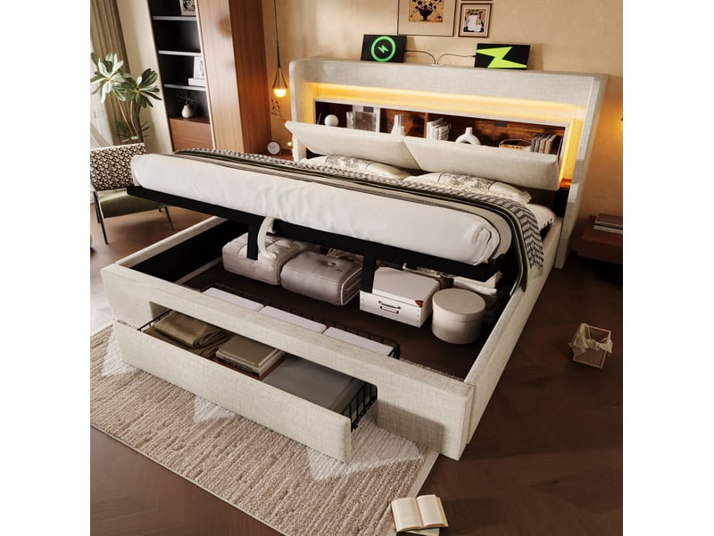  Lit coffre 140x200 cm à ouverture hydraulique, tête de lit led, usb, tiroir beige  - Conforama D
