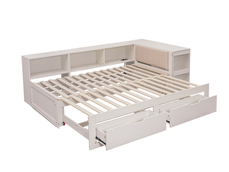 Lit multifonction enfant 180x200 cm - lit 3 en 1 avec bureau et rangement - tiroirs - étagères - tête de lit rembourrée - bois massif + mdf - blanc CozyNest - Conforama A