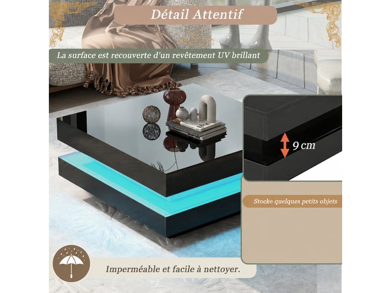  Table basse carrée noire avec led, commande bluetooth, 70 x 70 x 36 cm, noir  - Conforama D