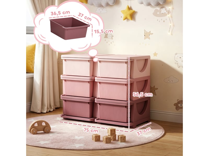  Organisateur de jouets pour enfants à 3 niveaux avec 6 tiroirs, boîtes de rangement en plastique, rose, 75x37x56,5cm  - Conforama C