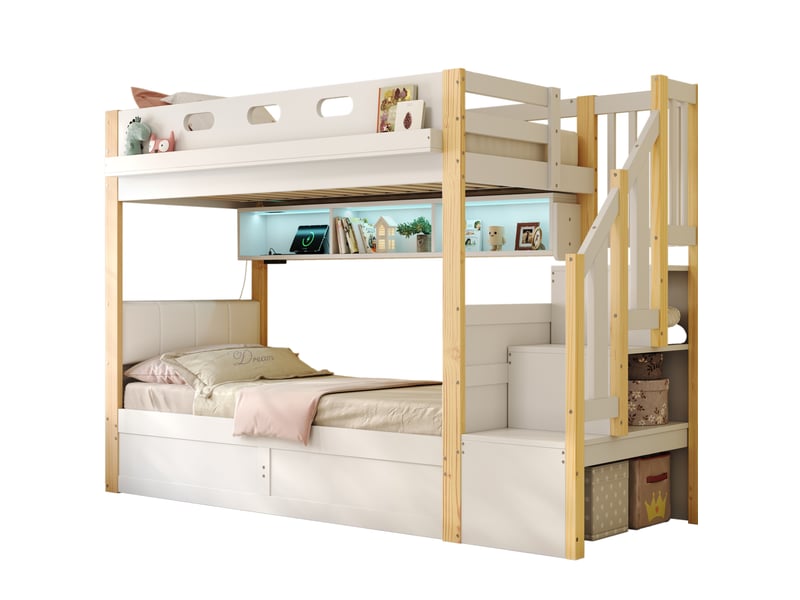  Lit superposé 90 × 200 cm et 90 × 200 cm 2 places avec coffre, escalier, led et usb, sans matelas, blanc  - Conforama A