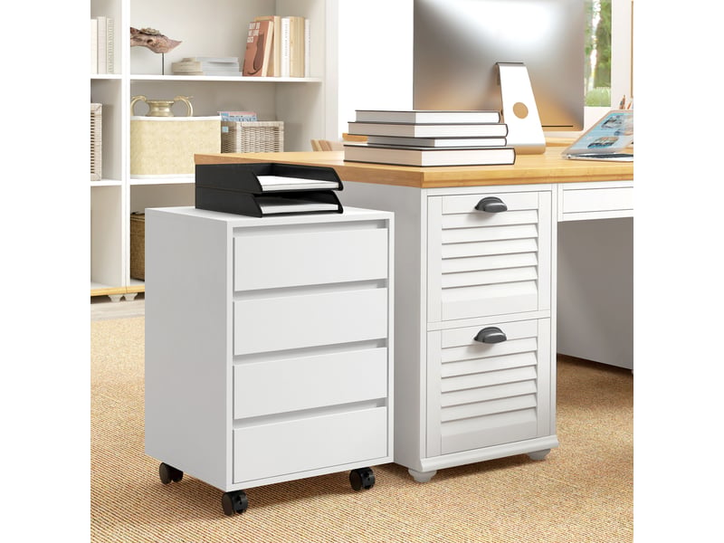  Caisson de bureau rangement bureau sur roulettes 4 tiroirs coulissants en aspect bois bois blanc  - Conforama D