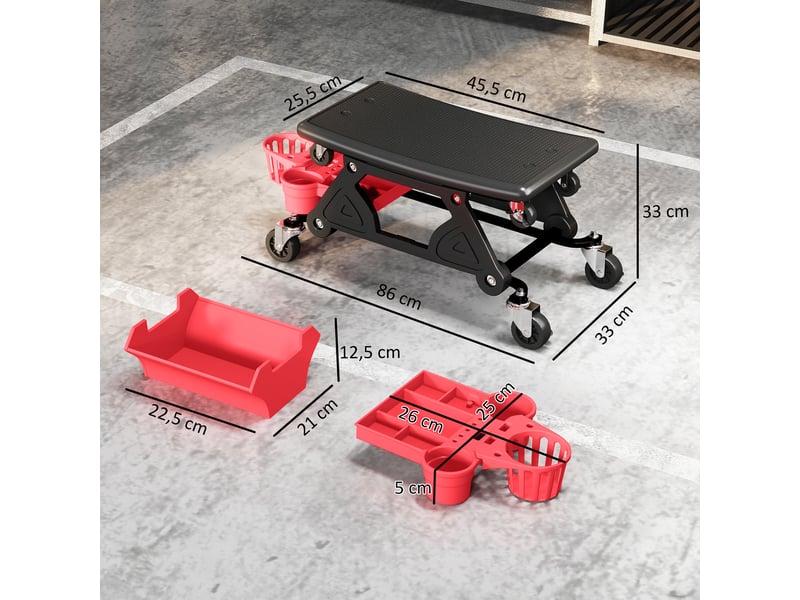 Tabouret d'atelier rouge mobile avec roulettes rotatives à 360° supportant 135 kg et plateaux dimensions 86x33x33 cm - Conforama C