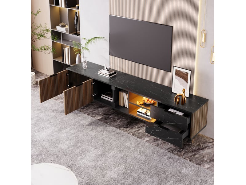  Meuble tv 200 cm effet marbre noir et bois foncé avec led, 2 portes, 2 tiroirs  - Conforama E