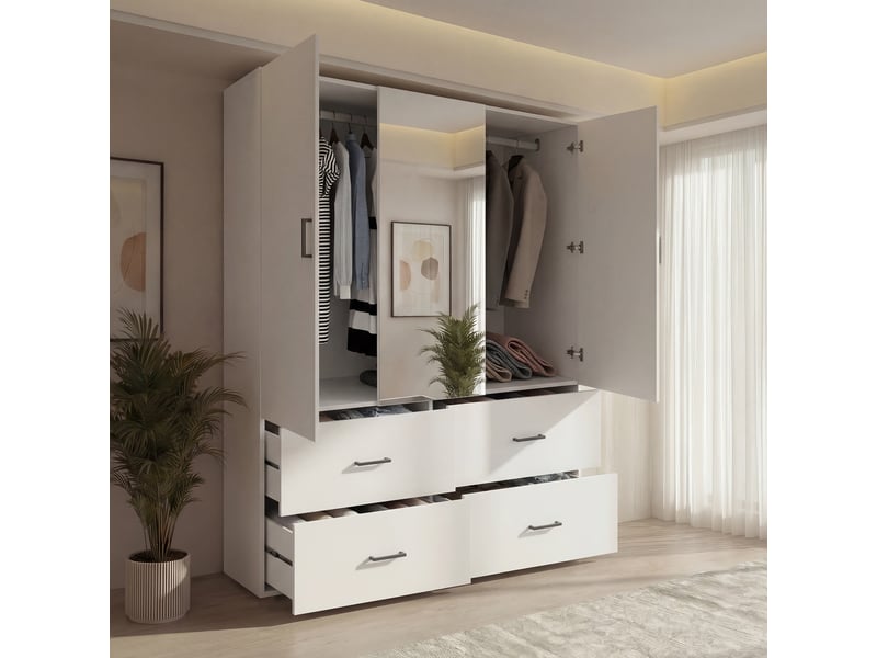 Armoire blanc,2 portes battantes ,1 miroir ,4 tiroirs ,2 penderies, l 130 x h 181.5 x p 51.8 cm,armoire de chambre - Conforama D