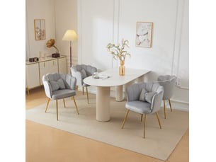 Lot de 4 chaises rembourrées à dossier pétale avec coussins et pieds métalliques dorés en velours gris
