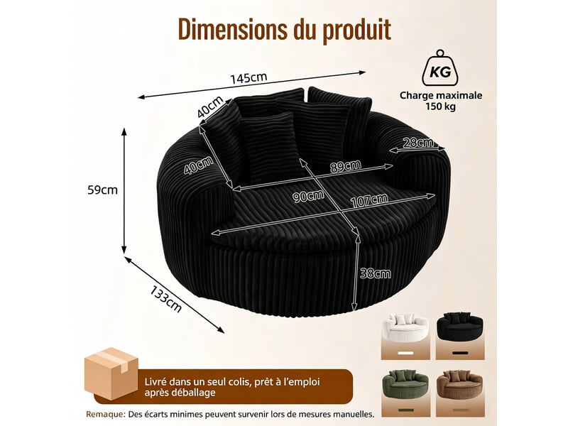  Pouf lounge côtelé en velours côtelé noir avec assise profonde et 5 coussins pour... IKSETERA TRADING LTD - Conforama C