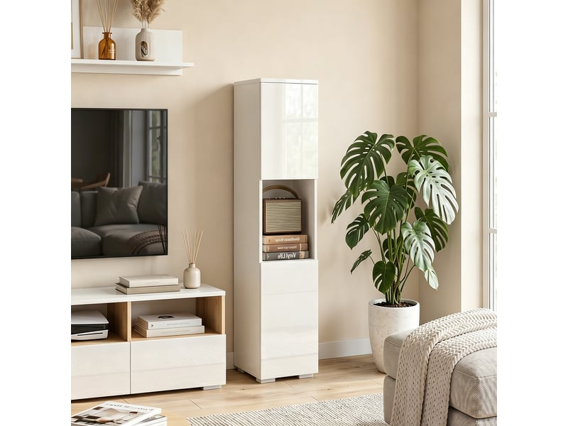  Meuble tv étroit avec 5 étagères réglables, blanc  - Conforama D