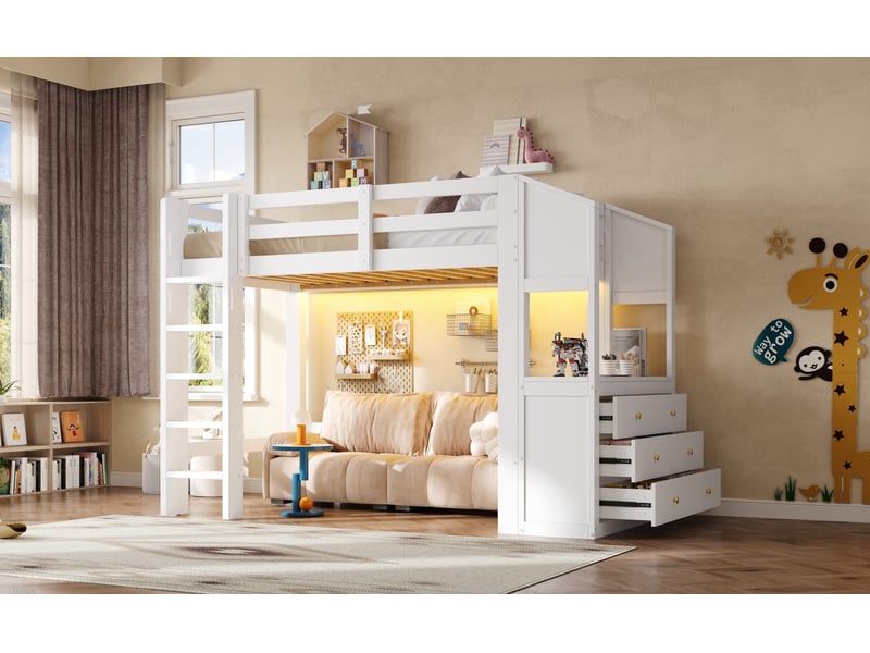 Lit mezzanine simple 90×200 cm avec 3 tiroirs, étagères et led - okmyhome- blanc, sans matelas, bois et mdf - Conforama E