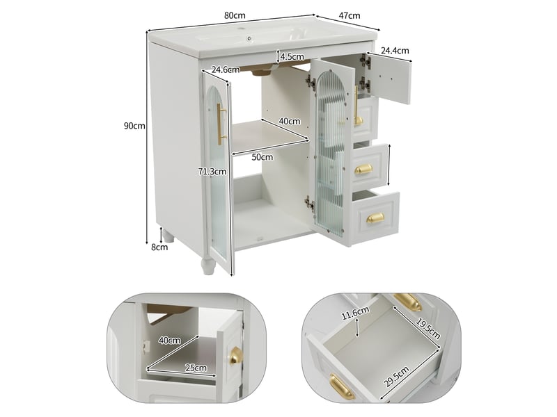  Meuble sous vasque avec 2 portes et 4 tiroirs, vasque en céramique pour salle de bain, blanc 80 × 47 × 90 cm  - Conforama C