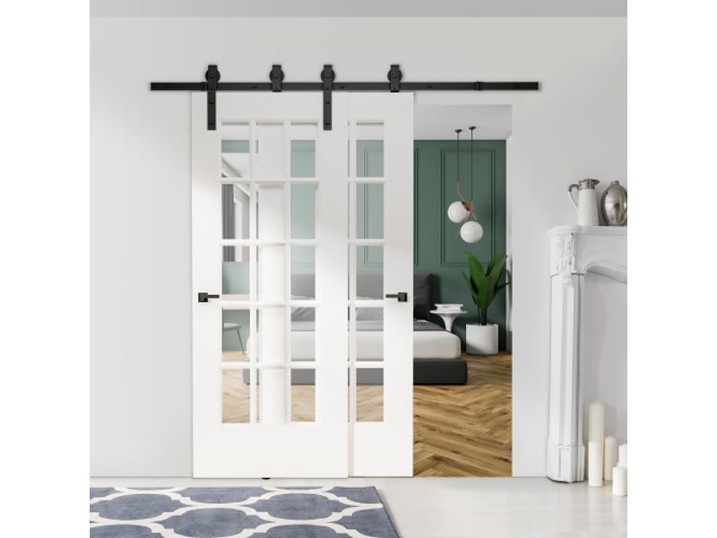 Système de porte coulissante pour porte en bois en acier carbone noir avec rail et 9 accessoires, kit de ferrure moderne pour intérieur - Conforama D