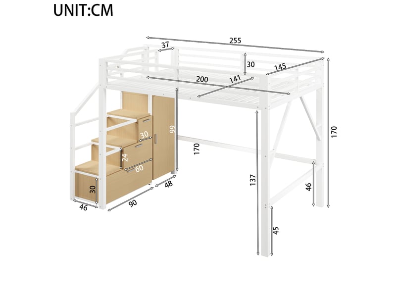  Lit mezzanine 140x200 cm, rangements, placard, escalier led, garde-corps sécurité, métal et mdf blanc sans matelas  - Conforama C