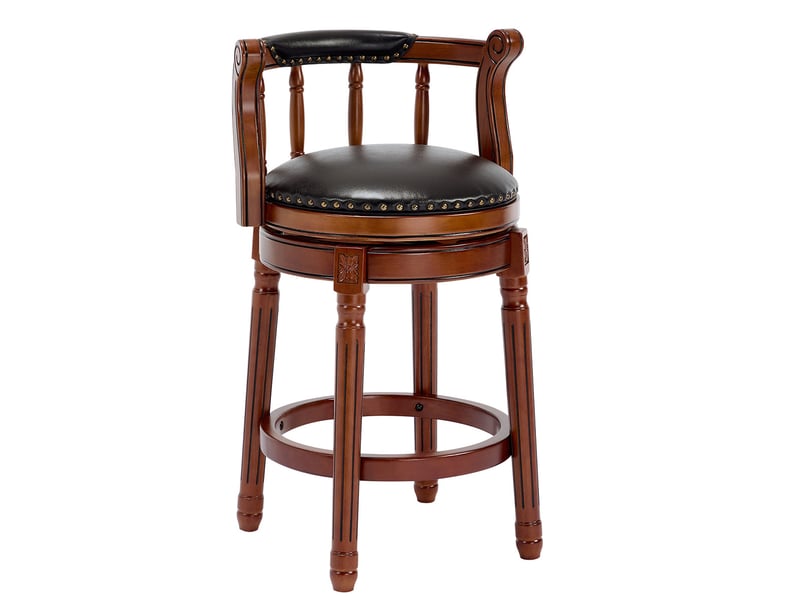  Tabouret de bar pivotant 360° 55x55x86 cm assise en similicuir véritable, piètement en bois, dossier courbé, repose-pieds, finition noire  - Conforama A