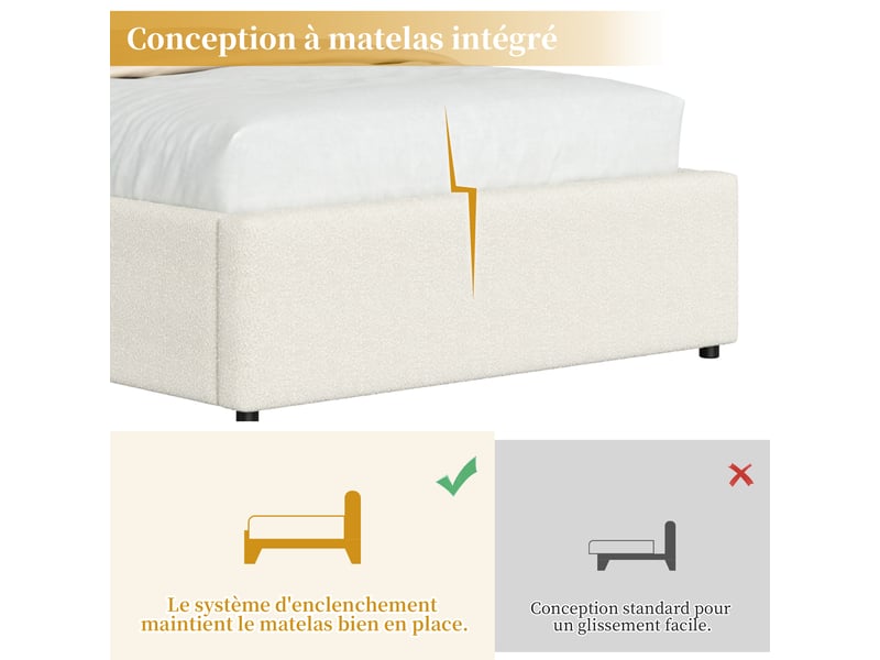  Lit coffre enfant 90x200 cm avec sommier à lattes, lit simple tissu bouclette blanc, tête de lit nuage led, charge 150kg.  - Conforama D