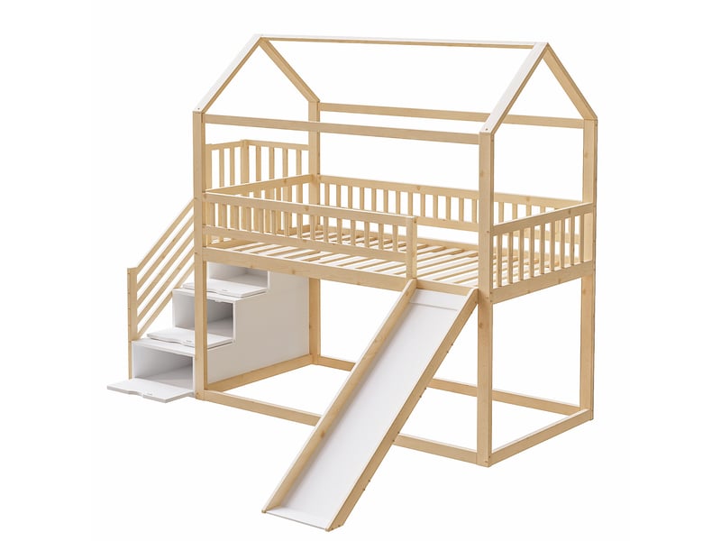  Lit superposé enfant 90x200 cm, bois naturel, toboggan, escalier avec rangement et barrières hautes  - Conforama E