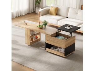 Table basse extensible 161.5 × 46 × 67 cm en bois d'ingénierie avec rangement, plateau relevable et roulettes naturel et noir chicfurn