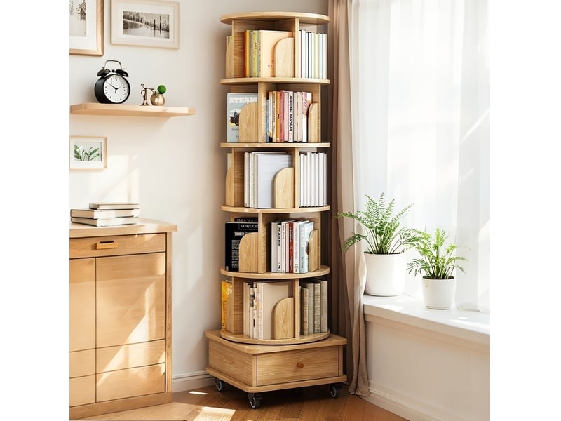  Bibliothèque rotation à 360° 46x46x173 cm avec 1 tiroir en mdf couleur bois clair, design naturel, confort optimal  - Conforama B