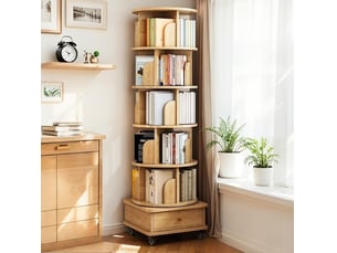 Bibliothèque rotation à 360° 46x46x173 cm avec 1 tiroir en mdf couleur bois clair, design naturel, confort optimal