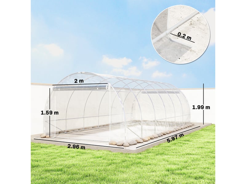  Serre tunnel 3 x 6 x 2 m avec portes sectionnelles, structure en acier et bâche en polyéthylène anti-uv, transparente  - Conforama E