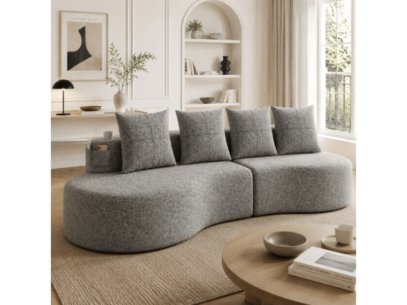  Canapé en lin gris clair – 4 coussins, porte-tasses &amp; poche, mousse dense, plumes – confort unique et respirant  - Conforama B