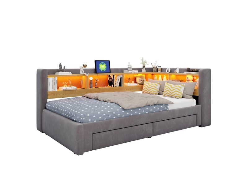  Lit gigogne 90x200 cm extensible 180x200 cm, rangement, tiroirs, led, prise, velours gris sans matelas  - Conforama A