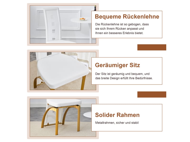  Ensemble table ronde et deux chaises, plateau en verre trempé 88 cm, sièges blancs en similicuir pu et structures métalliques dorées  - Conforama R