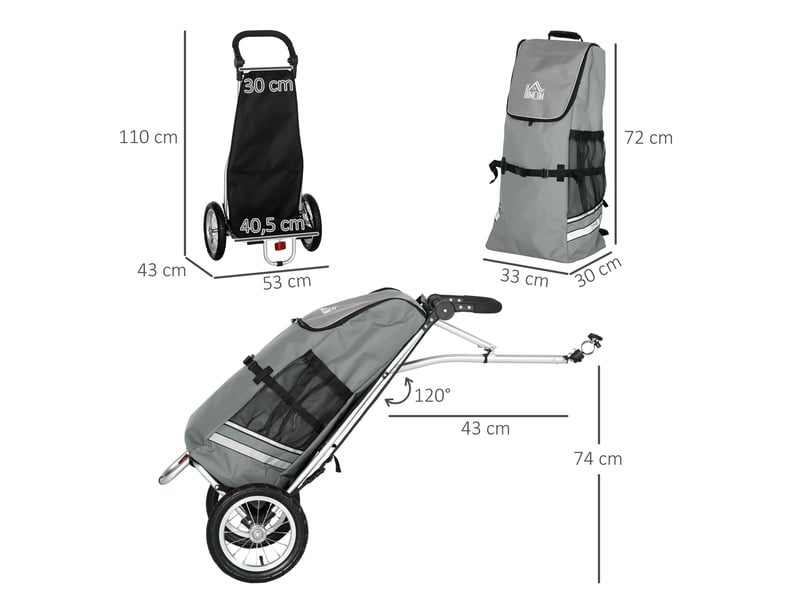  Remorque de vélo et chariot de courses 2 en 1 53x43x110 cm gris aluminium, pliable, charge 24,3 kg  - Conforama C
