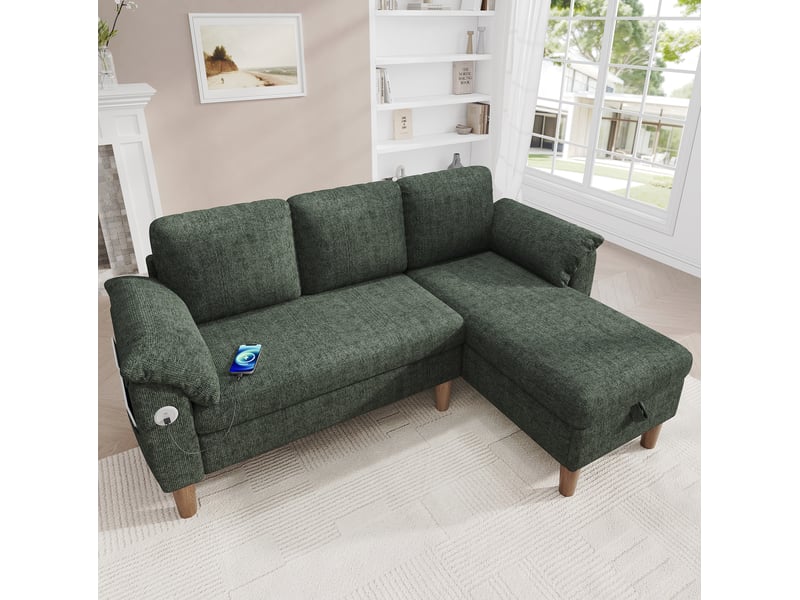  Canapé d'angle réversible 3 places avec méridienne coffre, ports usb et usb-c, poches latérales en chenille vert  - Conforama E