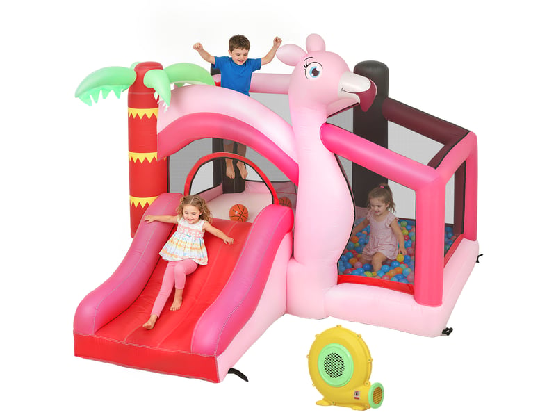  Château gonflable pour enfants avec toboggan, trampoline, piscine à balles et panier de basket, 255 x 230 x 196 cm, rose  - Conforama A