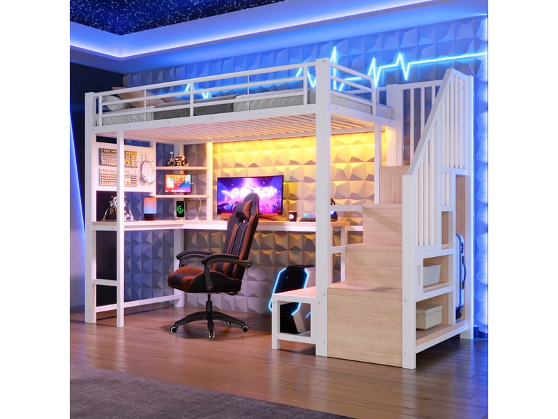  Lit mezzanine 90 × 200 cm avec bureau, étagères, led, usb et type-c, sans matelas, en métal blanc  - Conforama C