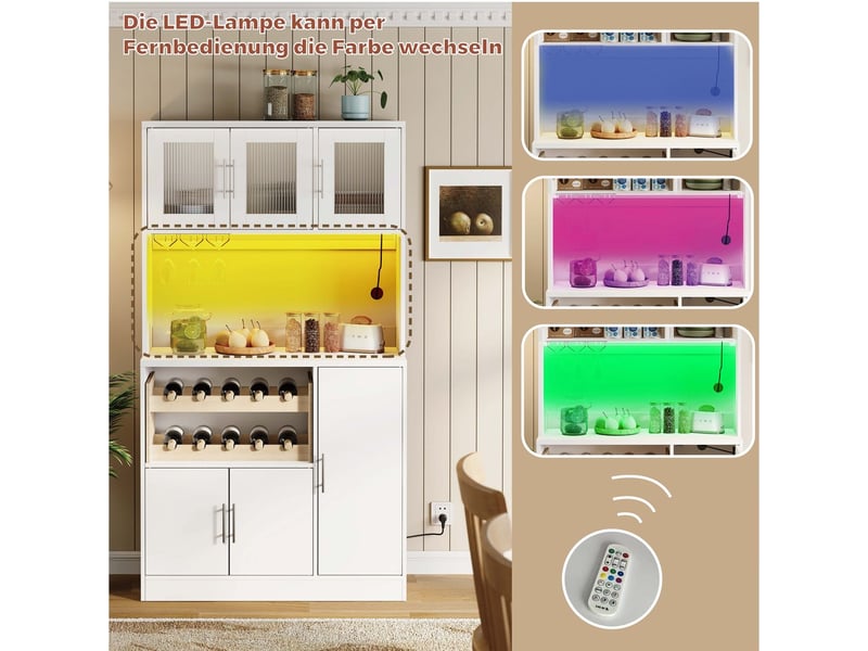  Armoire cuisine blanche led rgb prise électrique rangement haut porte-verres étagère bouteilles moderne façades verre 100 x 40 x 180 cm  - Conforama E