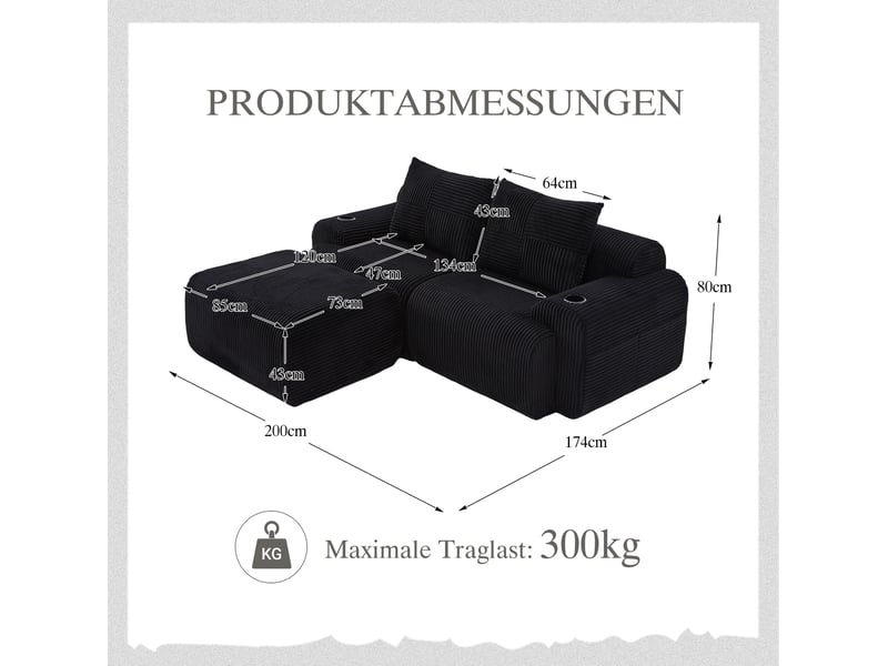  Canapé modulable 2 places 200x174x80 cm avec porte-gobelet intégré poche latérale velours côtelé noir  - Conforama C