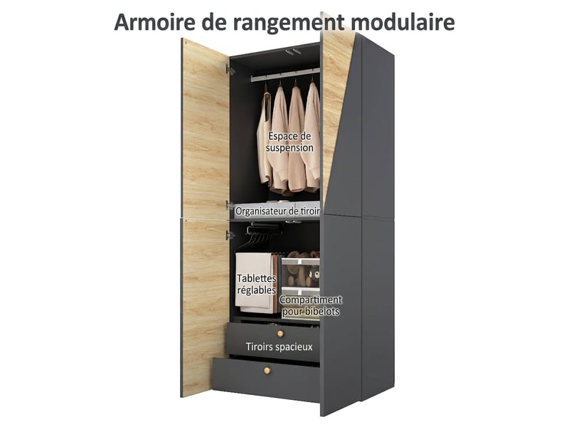  Armoire 8 portes 180x50x200 cm avec 6 tiroirs et 2 tringles, penderie chêne moderne  - Conforama D