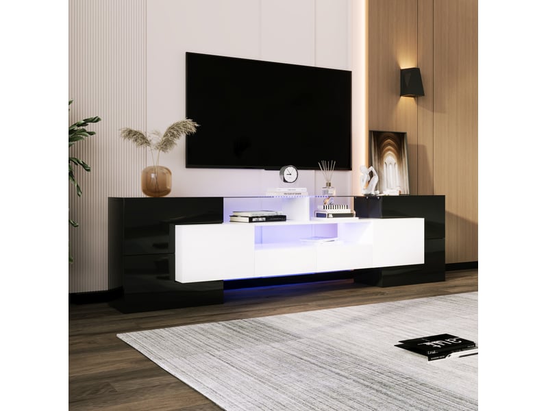  Meuble tv moderne 200cm, éclairage led, 4 portes, espace de rangement, 2 tiroirs, en mdf couleur noir brillant  - Conforama D