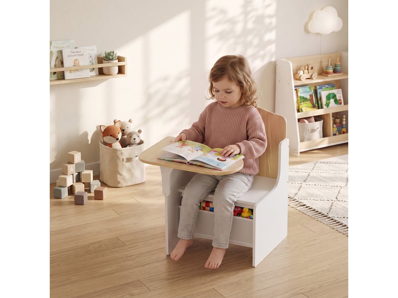  Ensemble table et chaises pour enfants de 3 à 5 ans, en mdf avec motifs de cœurs et rangement intégré, blanc.  - Conforama B
