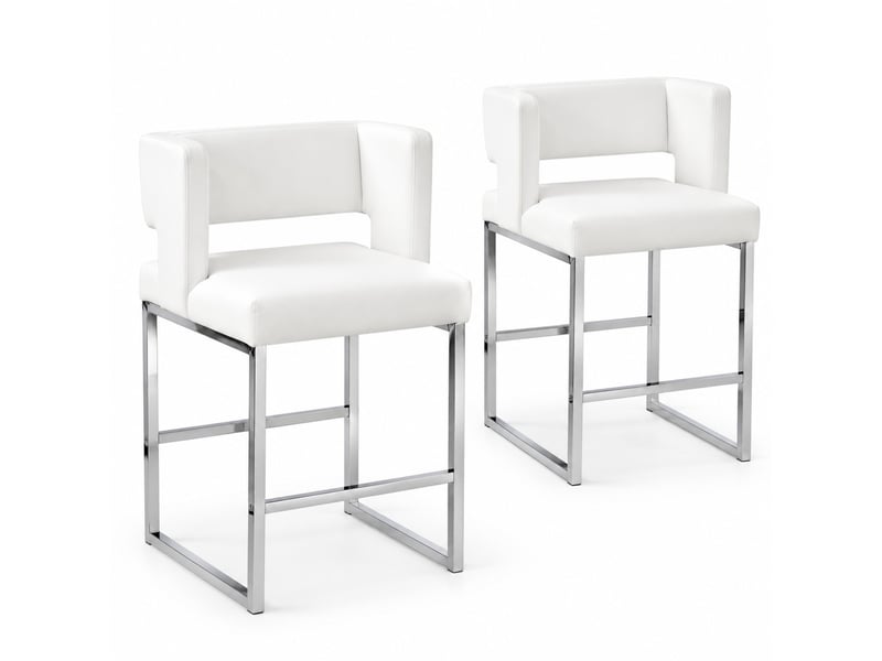  Lot de 2 tabourets de bar 53x48x91 cm, blanc, pu, métal argenté, chaises hautes assise carrée, cuisine  - Conforama A