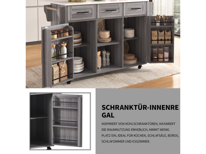  Îlot de cuisine mobile gris 139 × 4671 × 91,5 cm en mdf, plateau rabattable, rangements, roulettes et pieds en bois  - Conforama D