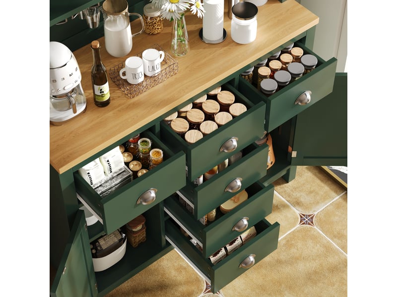 Buffet de cuisine vert style maison de campagne, armoire de rangement 180cm avec 4 portes, éclairage led et porte-gobelets. - Conforama W