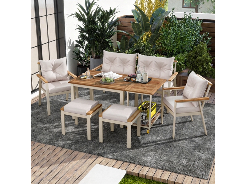  Salon de jardin en bois d’acacia 6-7 places avec table, fauteuils et desserte amovible, housses lavables – ensemble repas extérieur  - Conforama D