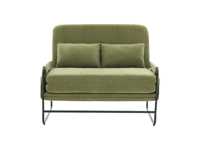 Canapé convertible 2 places avec poches latérales et coussin lombaire, structure métallique en chenille vert olive - Conforama A