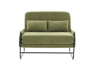 Canapé convertible 2 places avec poches latérales et coussin lombaire, structure métallique en chenille vert olive