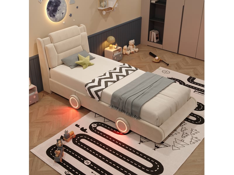  Lit enfant 90x200 cm en flanelle beige crème avec tête de lit réglable, style de la voiture, sans matelas  - Conforama W