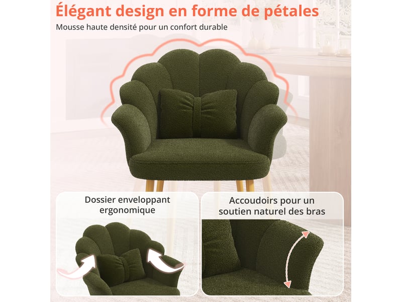  Fauteuil 1 place 64x65,5x85 cm, dossier pétale, accoudoirs, coussin inclus, pieds en métal doré, vert  - Conforama E