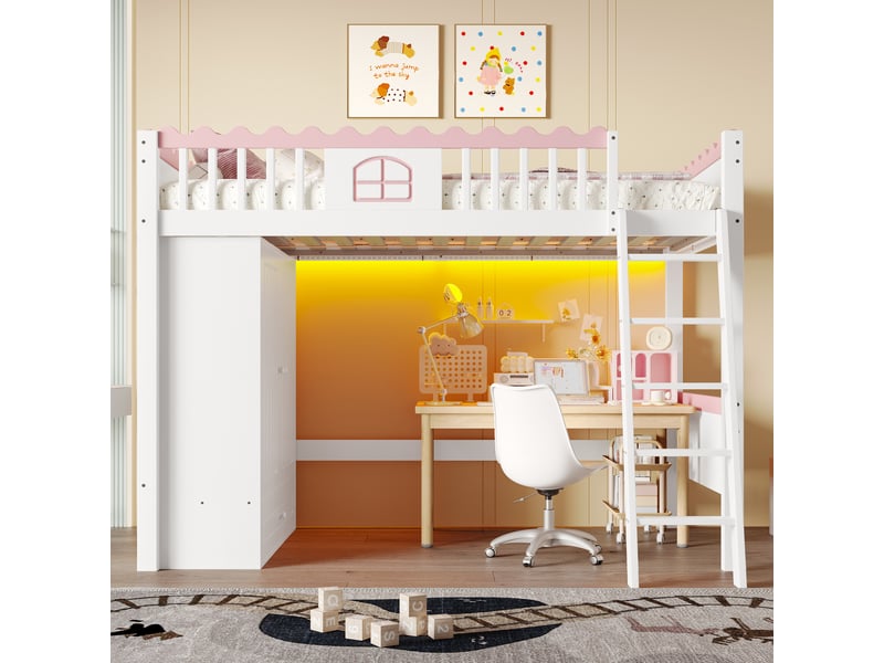 Lit mezzanine 140 x 200 cm, lit enfant surélevé, placard intégré, bureau intégré, étagères ouvertes, échelle, métal, blanc Morn Vibe - Conforama D
